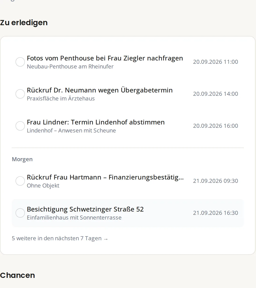 Tagesliste auf dem Dashboard: überfällig, heute, morgen