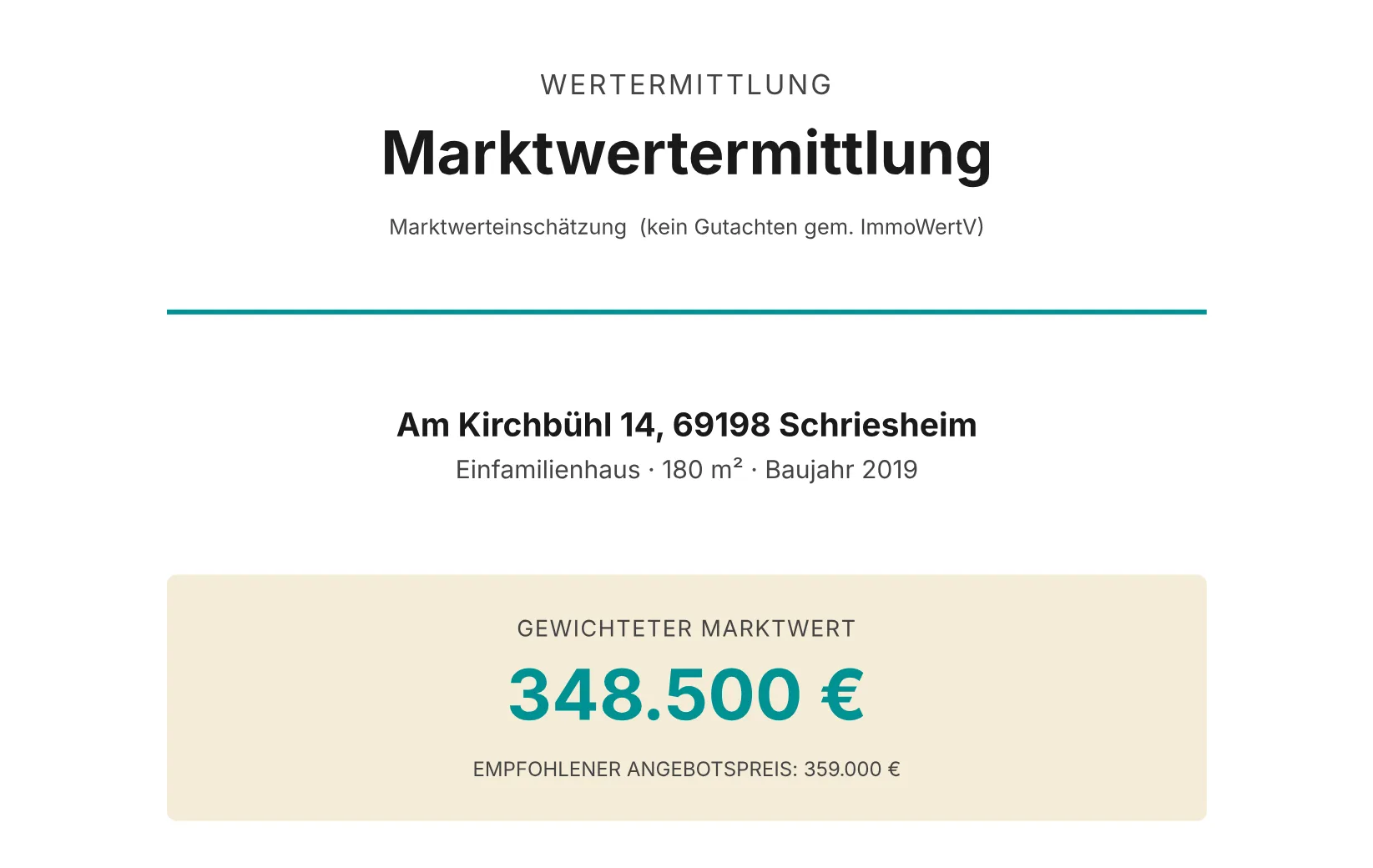 Erste Seite des Wertermittlungs-PDFs: Adresse, Eckdaten und der gewichtete Marktwert von 348.500 Euro