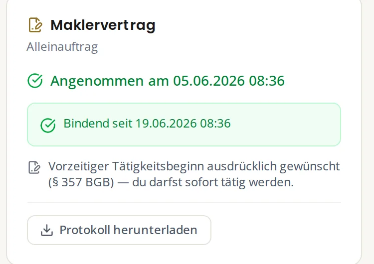 Maklervertrag-Karte: Alleinauftrag, angenommen und bindend, Protokoll als Download