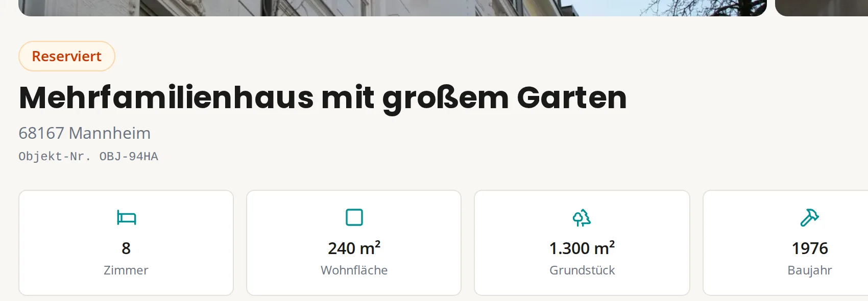 Öffentliche Objektseite: Titel, Ort, Objektnummer und Eckdaten wie Zimmer und Wohnfläche