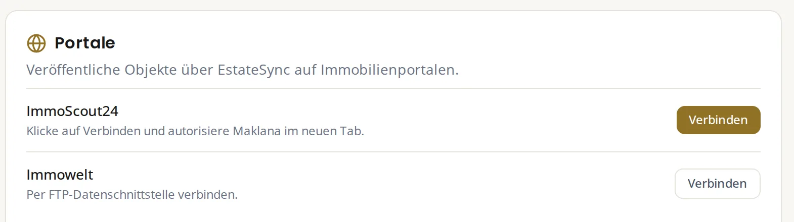 Portale-Einstellung mit ImmoScout24 und Immowelt zum Verbinden