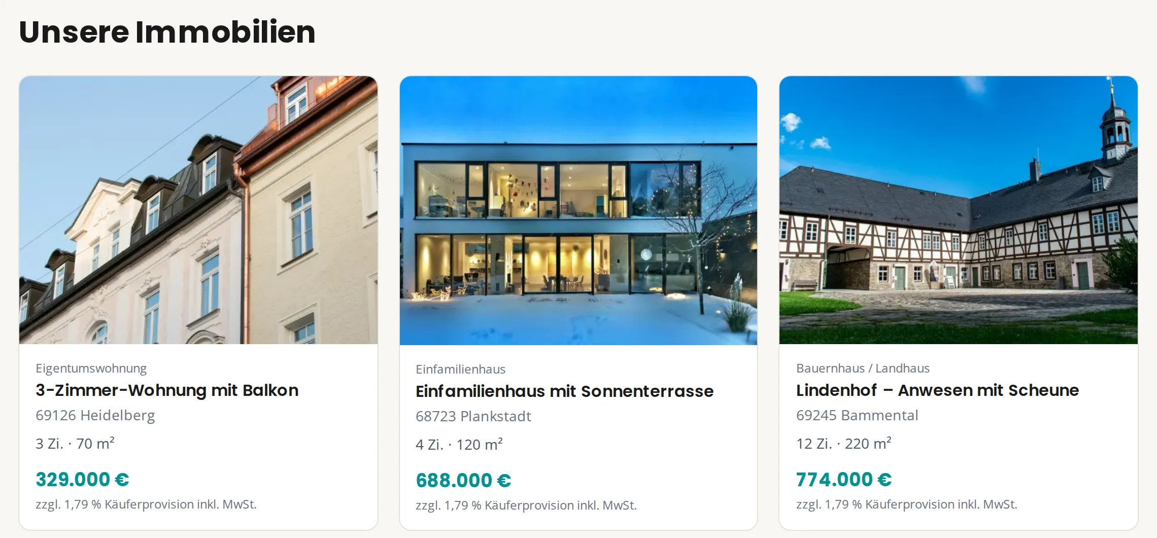 Objektliste im Design der Maklerwebsite mit Fotos, Preisen und Eckdaten