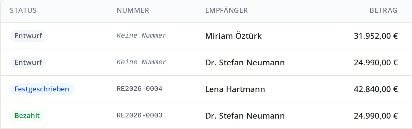 Rechnungsliste mit Status Entwurf, Festgeschrieben und Bezahlt, Rechnungsnummern und Beträgen