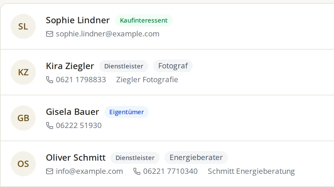 Kontaktliste mit Typ-Kennzeichen, E-Mail und Telefon je Kontakt