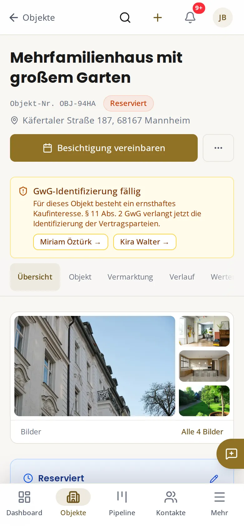 Objektseite auf dem Handy mit Galerie und Aktionen