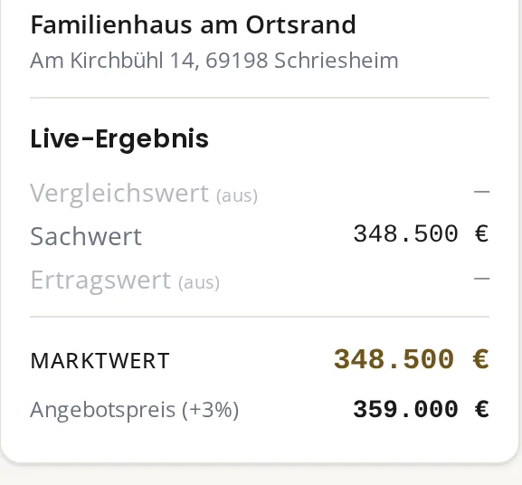 Live-Ergebnis einer Marktwertermittlung in Maklana: Sachwert, Marktwert 348.500 € und Angebotspreis 359.000 €