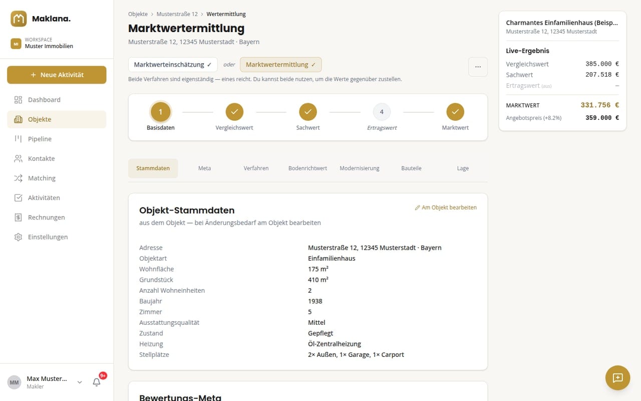 Marktwertermittlung in Maklana: Vergleichs-, Sach- und Ertragswert mit ermitteltem Marktwert und empfohlenem Angebotspreis
